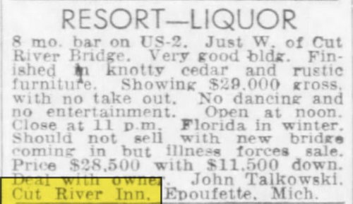 Cut River Inn (Fishers Bar and Restaurant, Callihans) - Aug 01 1956 Article
